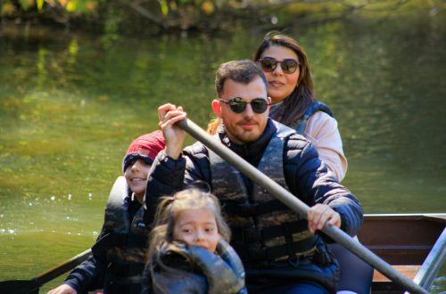 A family of four rowing a canoe on a serene lake during a sunny day, enjoying an outdoor adventure.